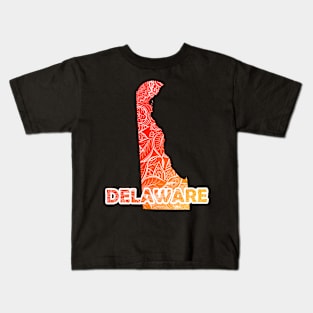 Colorful mandala art map of Delaware with text in red and orange Kids T-Shirt